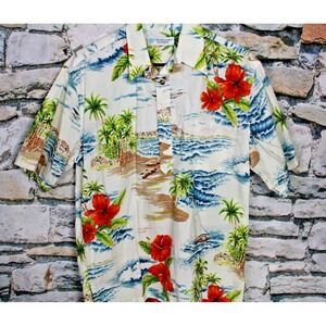 TORI RICHARD VTG Men Hawaiian Shirt Slip Over Multi Color Floral & Sailing Ship